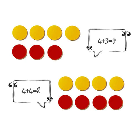 Two Sided Red And Yellow Counting Chips 1000 Piece Set arranged for math equations with visual prompts for kids learning.