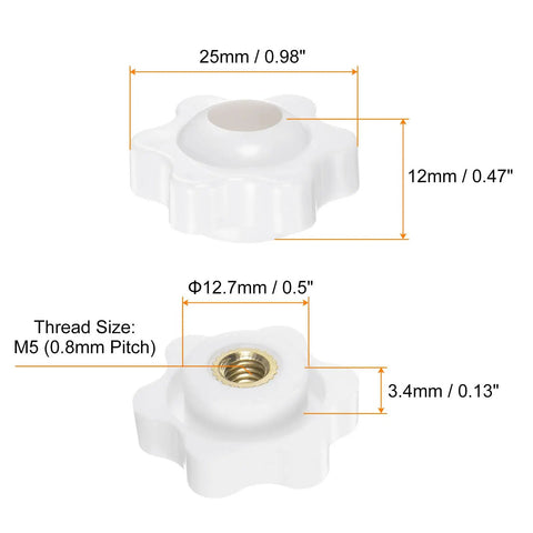 Dimensions of 12 Pack M5 Star Knobs With Through Hole And Female Thread, 25mm Diameter, white plastic head, brass insert
