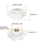 Six Pack Star Knobs M5 Female Thread 25mm 6 Point Plastic Head Brass Insert Through Hole Screw In Hand Knobs Clamping Handles White For DIY Projects Machinery CNC Workshop Use showing dimensions and brass insert