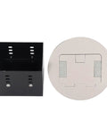 Rock Solid Round Recessed Floor Outlet Kit Featuring Heavy Duty Stainless Steel Case And Dual 20A Three Prong Electrical Sockets, showing black box and stainless cover.