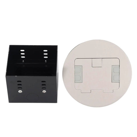 Heavy Duty Recessed Floor Outlet With Dual 3 Prong Sockets Clean Look Stainless Steel Flush Mount Power Box with black housing.