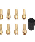 Get These Epic 2 Piece Brass Drill Chuck Adapters With Micro Collets For Your Rotary Tool, 9 brass collets and one black adapter.
