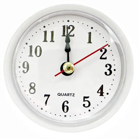 65Mm Quartz Clock Movement Kit With Rubber Mount For DIY Projects, white face with readable Arabic numerals, front view.