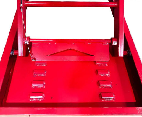 Close-up of red section of Heavy Duty 1500 Lb Motorcycle Lift With Side Extension, Pedal Hydraulic Pump, Jack Table For Motorcycles And ATVs