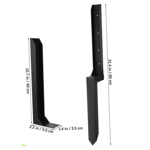 Heavy Duty Fence Post Repair Anchors With Ground Spike For Quick Installation And Enhanced Stability Of Tilted Wood And Metal Fences In Gardens And Backyards Compatible With Most Fence Post Materials, showing two metal anchors with dimensions.