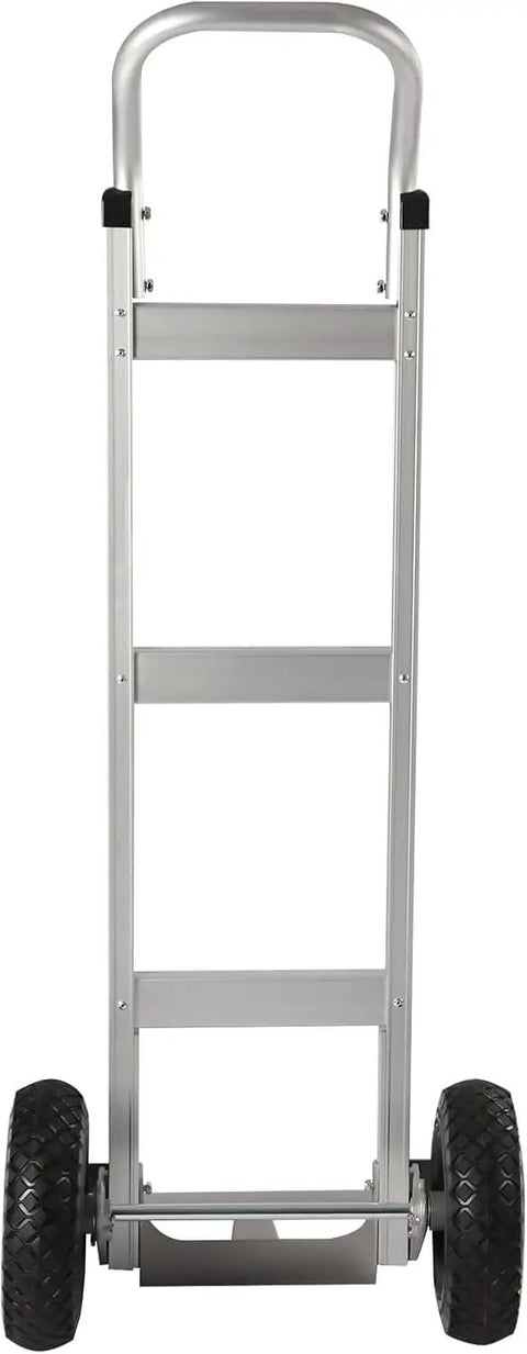Rock Solid 500 Pound Heavy Duty Aluminum Hand Truck featuring strong loop handle and durable rubber wheels for easy transport.