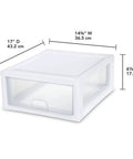 Clear plastic modular drawer with white frame, part of 6 Pack 16 Quart Stacking Storage Drawers For Closet Organization, dimensions labeled