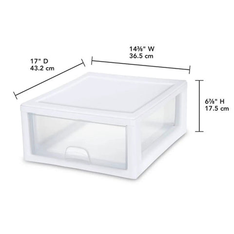 Clear plastic modular drawer with white frame, part of 6 Pack 16 Quart Stacking Storage Drawers For Closet Organization, dimensions labeled