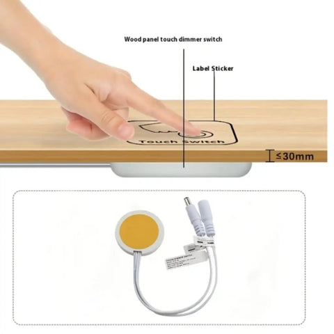 Touch Sensor Dimmer Switch For Led Strip Lights With Hidden Surface Control installed under a wood panel, showing touch activation.