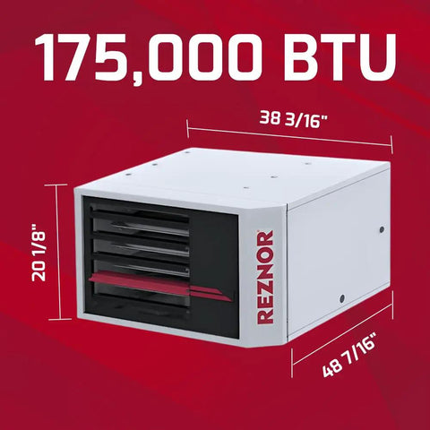 Top Shelf Horizontal Natural Gas Garage Heater Blasting Out Serious Forced Air Warmth For workshops with 175,000 BTU output.