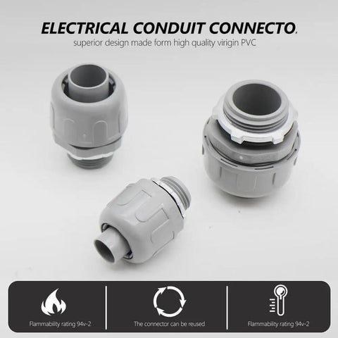 PVC Electrical Conduit Fittings 3/4 Inch Liquid Tight Connector With Ring And Steel Locknut UL Listed FNMC-B Straight Flexible Conduit Connector For Indoor And Outdoor Use 50 Pack, gray PVC fittings