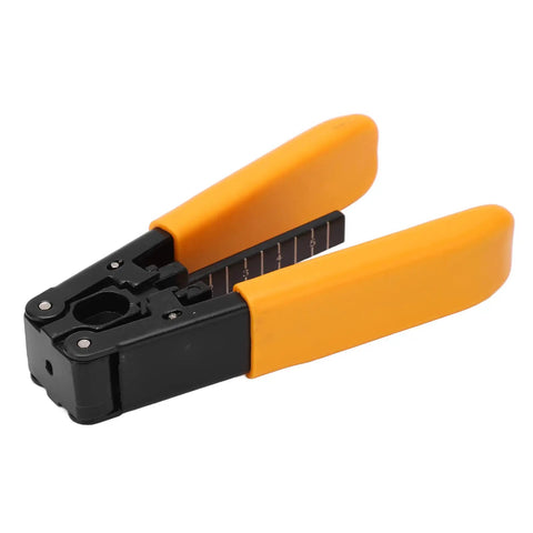 Fiber Optic Cable Stripper Pro Grade Compact Lightweight Cutting Tool For Outdoor Use Easy Carry Quick Outer Jacket Removal Without Damaging Core Great For Field Techs And DIY Pros One Unit orange-handled fiber optic stripper with black body, closed view