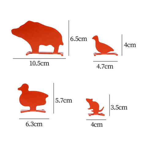 Metal Knockover Animal Target Set For Backyard Shooting Practice, 4 Orange Silhouette Targets, dimensions shown
