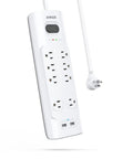 Power Strip Surge Protector With USB, 6 Foot Extension Cord, 8 Outlets And 2 USB Ports, Flat Plug, vertical view