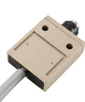 Rugged Sealed Push Plunger Limit Switch With SPDT 1NO 1NC Contacts, 5A, IP67 Rated, Stainless Steel Body, Dust and Coolant Shielding, Built For The Rough Stuff, Direct Linear Actuation For Fast, Reliable Circuit Switching. beige sealed plunger limit switch with cable