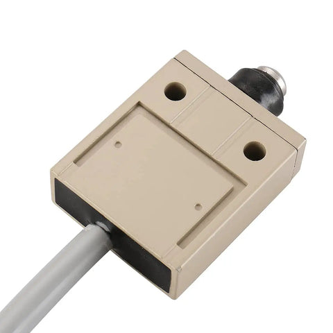 Rugged Sealed Push Plunger Limit Switch With SPDT 1NO 1NC Contacts, 5A, IP67 Rated, Stainless Steel Body, Dust and Coolant Shielding, Built For The Rough Stuff, Direct Linear Actuation For Fast, Reliable Circuit Switching. beige sealed plunger limit switch with cable