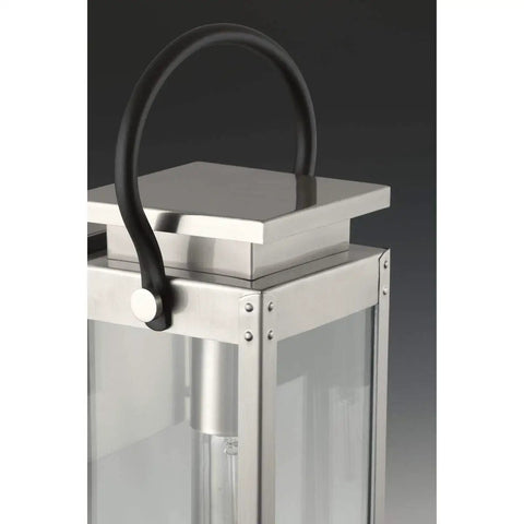 Union Square Collection 1-Light Outdoor Wall Lantern With Clear Flat Glass Stainless Steel Finish, close-up of top and handle
