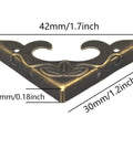 Triangular Carved Box Corner Protectors Set, Metal Safety Guards dimensions in detailed retro iron design