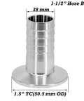 Front view of stainless steel 1.5in tri-clamp to 1.5in barb sanitary fitting for homebrew