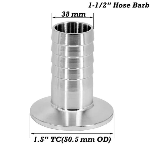 Front view of stainless steel 1.5in tri-clamp to 1.5in barb sanitary fitting for homebrew