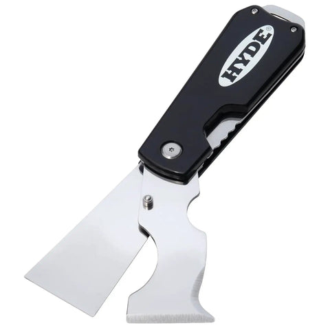 Dual Blade Folding Painter Tool Five In One Stainless Steel Multi Tool with Flexible Putty Knife, black handle