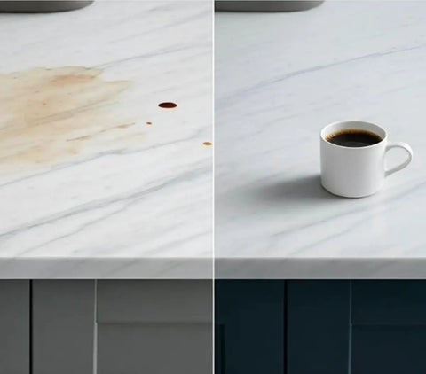 Bulletproof Stone Sealer 1 Gallon Water Based Formula Gives Kickin Defense Against Oil And Water Spots On Nature Stone kitchen countertop before and after sealing