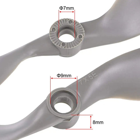 RC Airplane Propeller 7x5 Two Blade Nylon Gray 2 Pack With Adapter Rings CW Rotation Lightweight Durable 8mm Thick Fits 7mm Or 9mm Hub