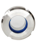 Front view of 1-1/2 inch stainless steel weld-union sight glass with blue PTFE gasket.