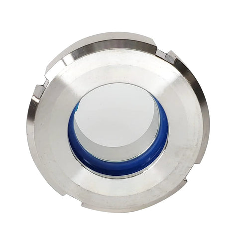 Front view of 1-1/2 inch stainless steel weld-union sight glass with blue PTFE gasket.