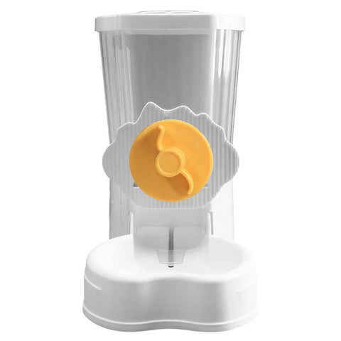 Hassle Free No Sweat Automatic Pet Water Dispenser And Food Feeder Combo with yellow nozzle and transparent container.