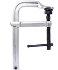 Heavy Duty F Clamp With Drop Forged Arm And Black Oxide Spindle, Quick Twist Pads For Woodworking Metalworking Welding DIY Projects on a silver finish.