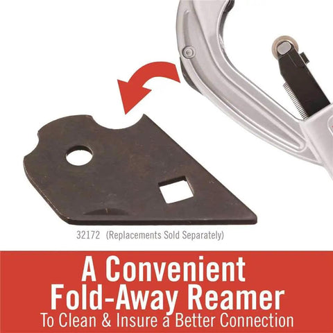 Quick Acting Tubing Cutter For 1/4 To 2 5/8 Inch Tubing With X-Cel Knob And I-Beam Design displaying fold-away reamer