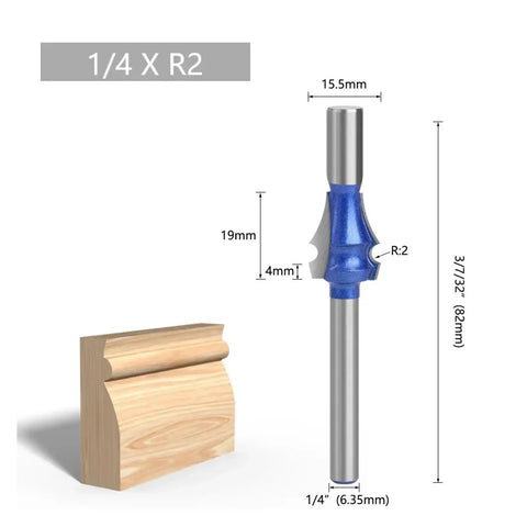 Premium Carbide Drawing Line Router Bit Featuring Solid 1/4 Inch Or 6mm Shank For Smooth Woodworking With Curved Profiles In R1.5 To R4 Sizes, with R2 profile shown.