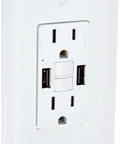 Radiant 15 Amp GFCI Self Test Tamper Resistant Decorator Duplex Outlet With USB Type A Ports Built In For No Fuss Fast Phone And Tablet Charging White Finish 1 Count showing front view.