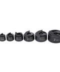 Six knockout punch sizes from the Knockout Punch Set With Six Sizes Manual Ratchet Hole Cutter Kit displayed in a row.