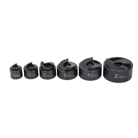 Six knockout punch sizes from the Knockout Punch Set With Six Sizes Manual Ratchet Hole Cutter Kit displayed in a row.