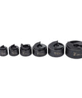 Set of six steel punch sizes, part of the Ratchet Hole Punch Kit For Cutting Clean Burr Free Holes From Half Inch To Two Inch In Metal Plastic And Aluminum