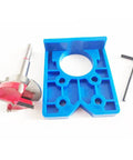 Pro Grade Forstner Drill Bit Set Thirty Five Millimeter Concealed Hinge Jig Kit with blue jig, carbide bit, and hex key