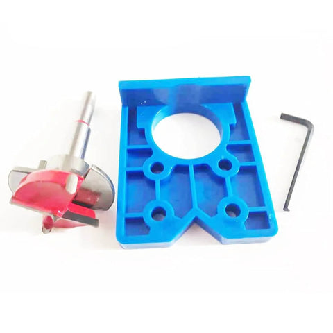 Pro Grade Forstner Drill Bit Set Thirty Five Millimeter Concealed Hinge Jig Kit with blue jig, carbide bit, and hex key