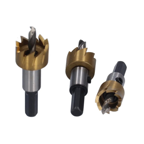 Top Rated 5 Piece Hole Saw Bit Kit Made With High Carbon Steel And Ti Coating For Drilling Clean Holes In Wood Steel Aluminum Plastic Plus Hex Wrench And Spring Included For All Your DIY Projects. three gold hole saw drill bits