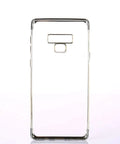 Clear phone case with metallic edges for a large smartphone, showing precise cutouts for camera and sensors, back view.