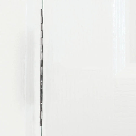 Close-up of heavy duty piano hinge installed on a white cabinet, part of 3 pack for wooden boxes and cabinets strong iron construction.