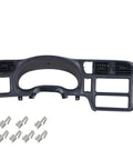 Front view: PIT66 dash bezel for single-DIN radios, dark gray plastic with radio opening and vents; mounting clips.
