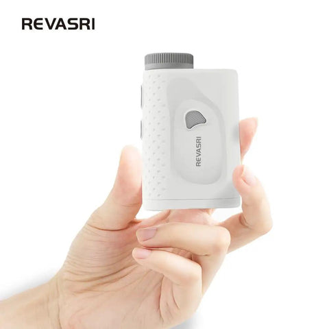 Hand holding Golf Range Finder With Magnetic Mount Slope Compensation Flag Lock Vibration Measures In Yards Feet And Meters