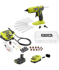18V Cordless Two Tool Combo Kit with rotary tool station, glue gun, quick change bits, battery powered DIY finish set displayed