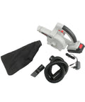 Heavy Duty Cordless Air Blower And Vacuum Cleaner Kicking Serious Dust Sawdust Debris Straight Up With Fast Charge Port, compact design with accessories.