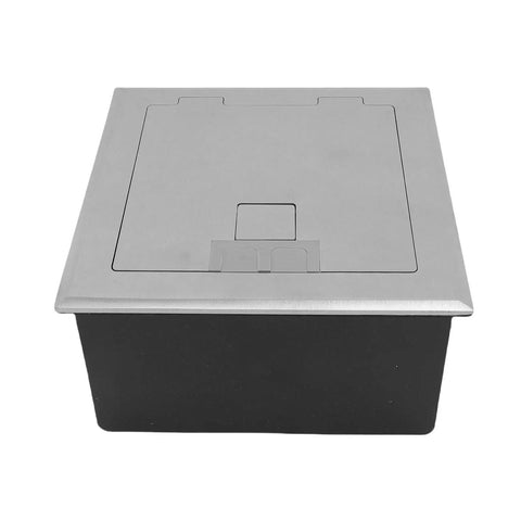 Heavy Duty Pop Up Floor Power Outlet Featuring Double Three Prong Sockets And Brushed Silver Stainless Steel Housing
