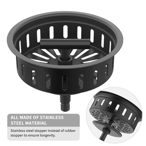 Matte Black Kitchen Sink Drain Kit With Stainless Steel Body And Basket Stopper For Universal Three And A Half Inch Drains