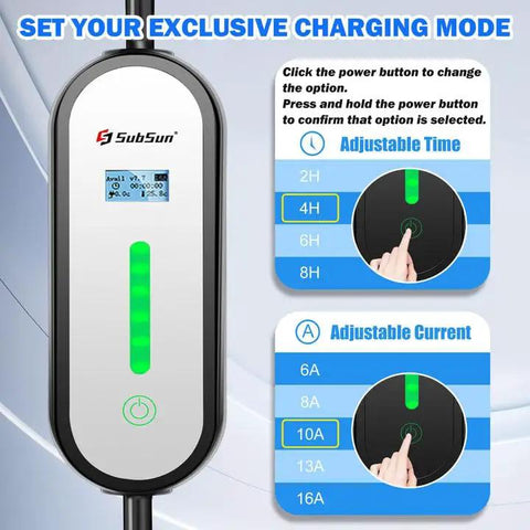 Level One And Two EV Charger 16 Amp 17 Ft Cable Portable Electric Vehicle Charging Station Sae J1772 Compatible with adjustable settings.