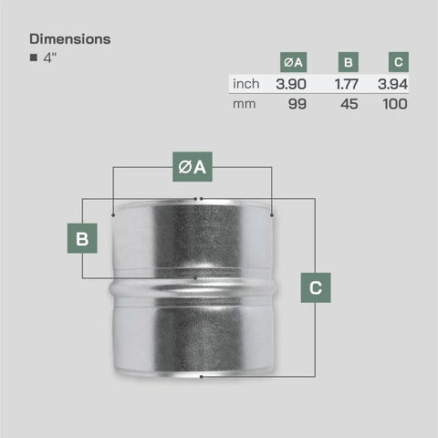 Built Tough Straight Up Four Inch Galvanized Steel Duct Connector showing dimensions and sizes for installation.